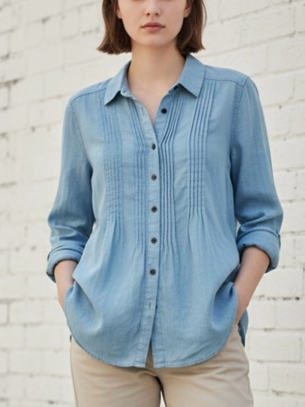 Sundance Katina Blue Linen Shirt w/ Long Sleeves & Pin-tuck Details - Medium